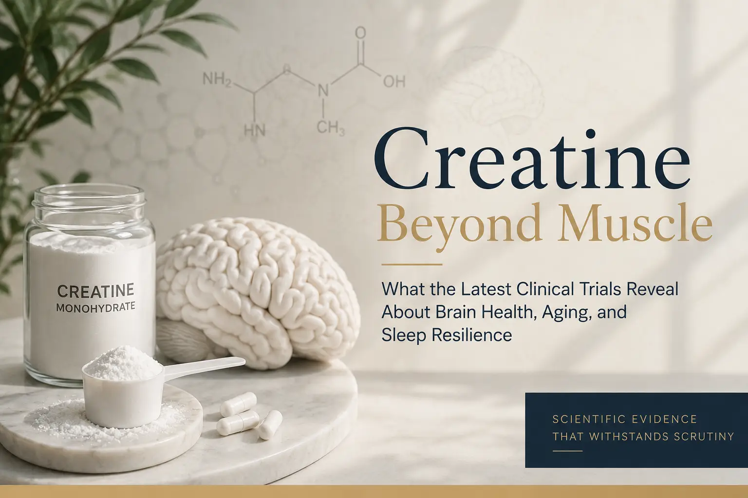Creatine monohydrate jar alongside a brain model and chemical structure diagram