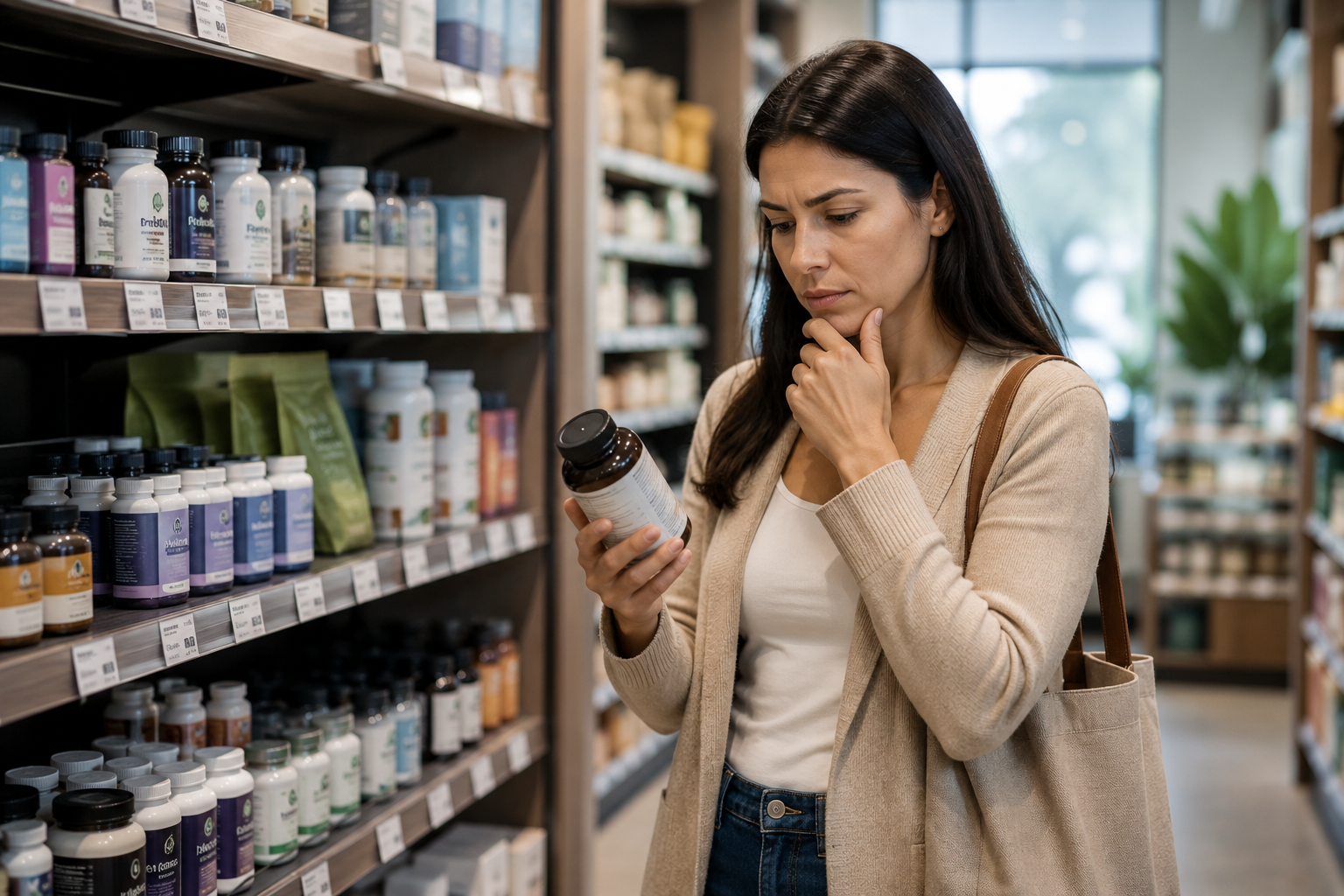 Consumer trying to understand supplement product information in a retail setting