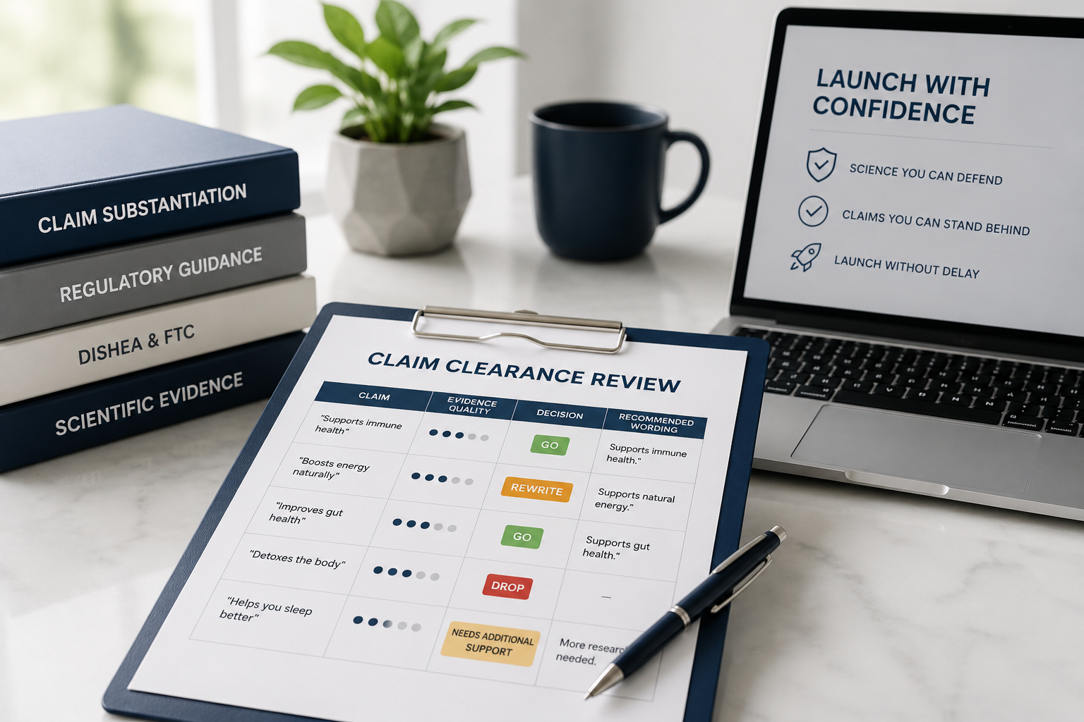Marketing and compliance claim clearance review before a supplement launch