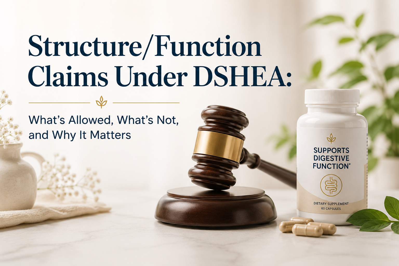 Structure/function claims under DSHEA with a supplement labeled supports digestive function and a regulatory gavel